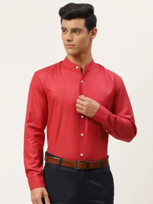 Mens Cotton Linen Red Chinese Collar Shirt - Sojanya