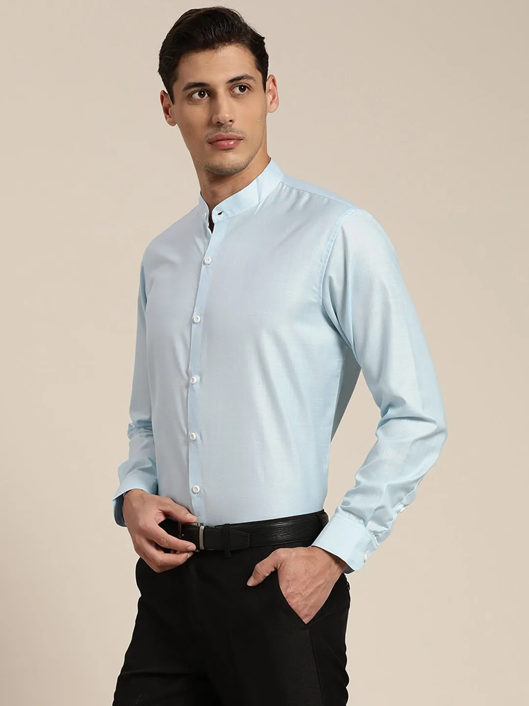 Men's Cotton Sky Blue Chinese Collar Formal Shirt - Sojanya