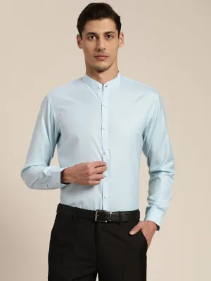 Men's Cotton Sky Blue Chinese Collar Formal Shirt - Sojanya