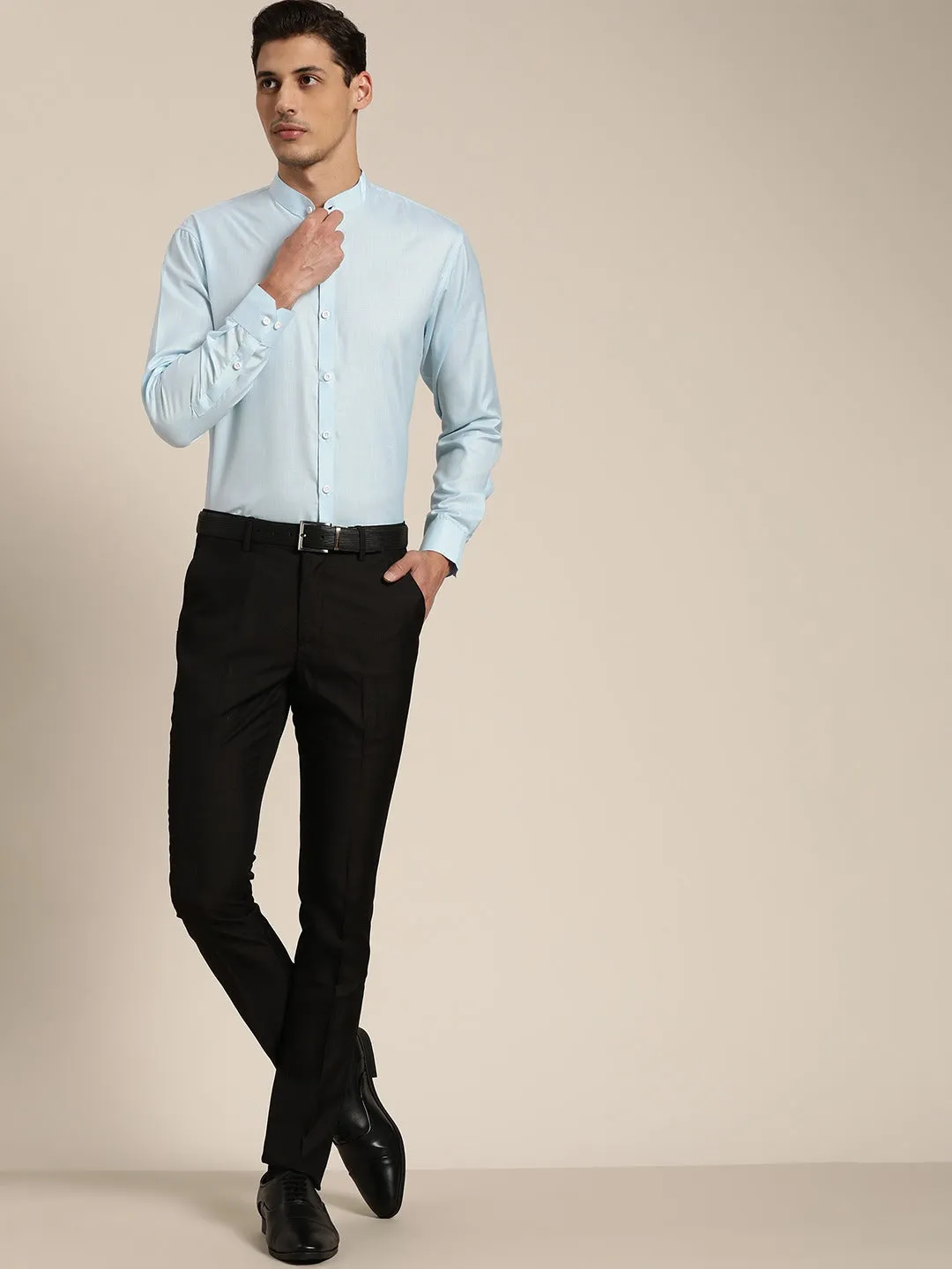 Men's Cotton Sky Blue Chinese Collar Formal Shirt - Sojanya