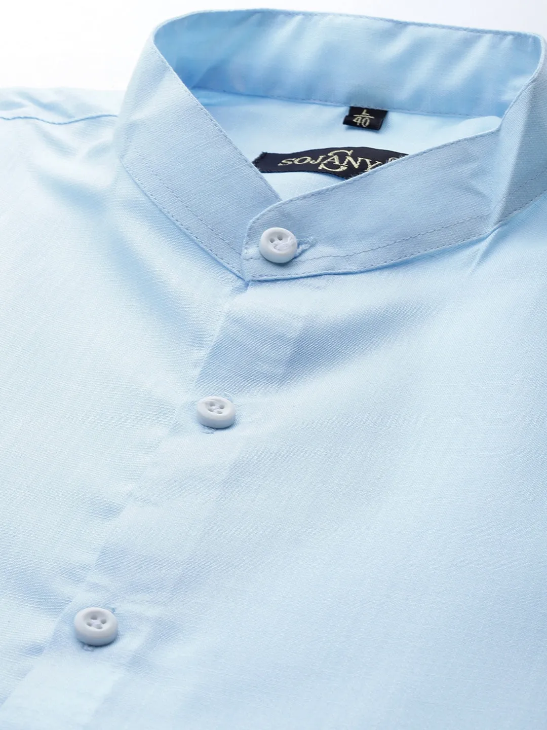 Men's Cotton Sky Blue Chinese Collar Formal Shirt - Sojanya