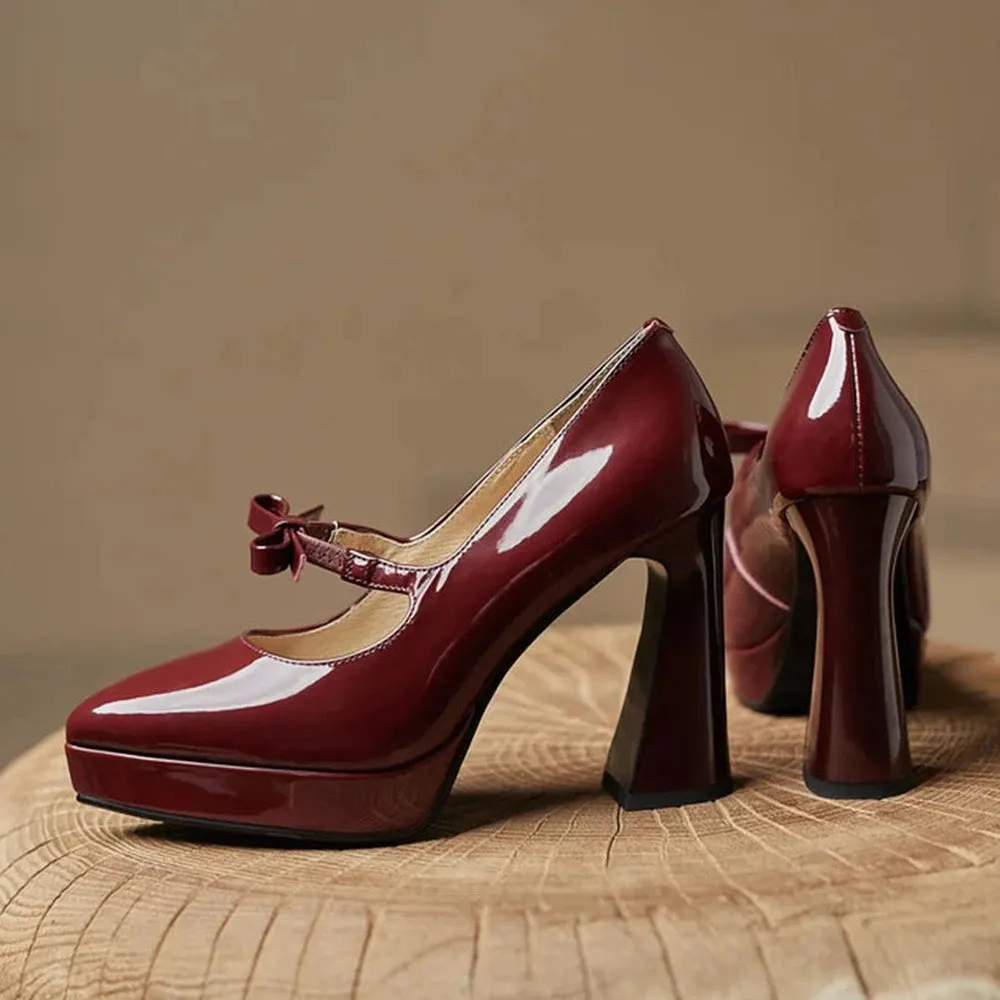 Merendy Boston Platform High chunky heeled Pointed Toe burgundy Mary Janes