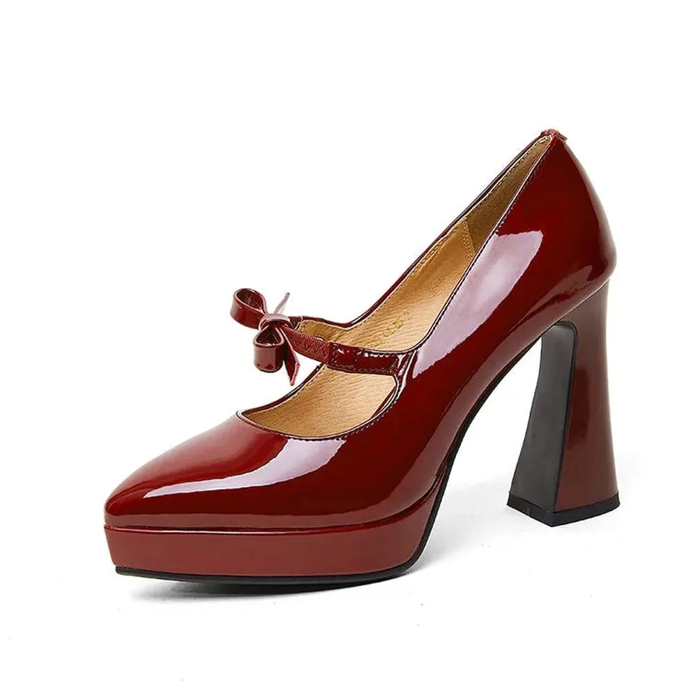 Merendy Boston Platform High chunky heeled Pointed Toe burgundy Mary Janes