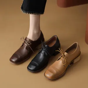 Mid Heel Cap Toe Derby Shoes For Women Block Heels Normal Fit in Apricot/Brown/Black