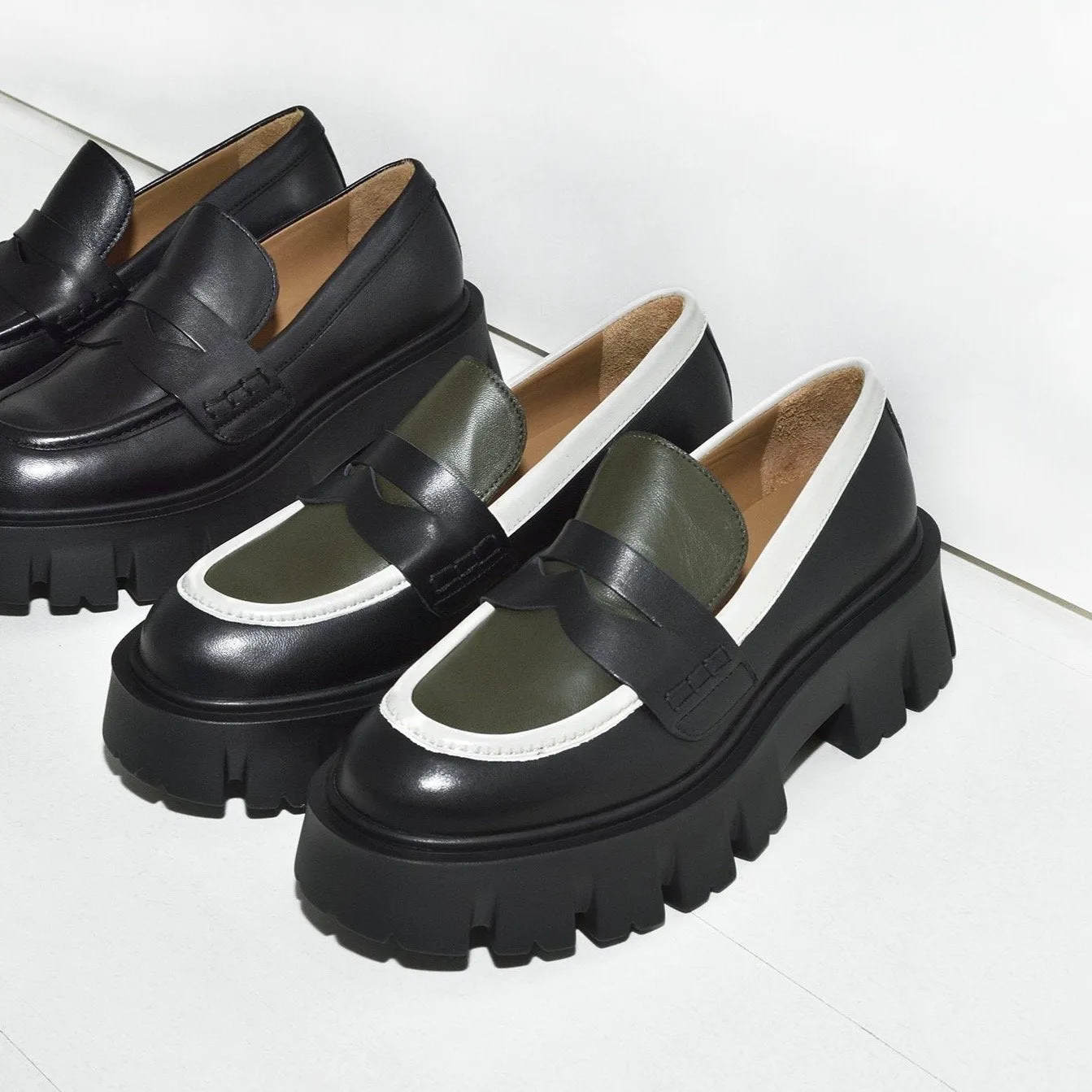 Mikki Black Khaki Leather Chunky Loafers