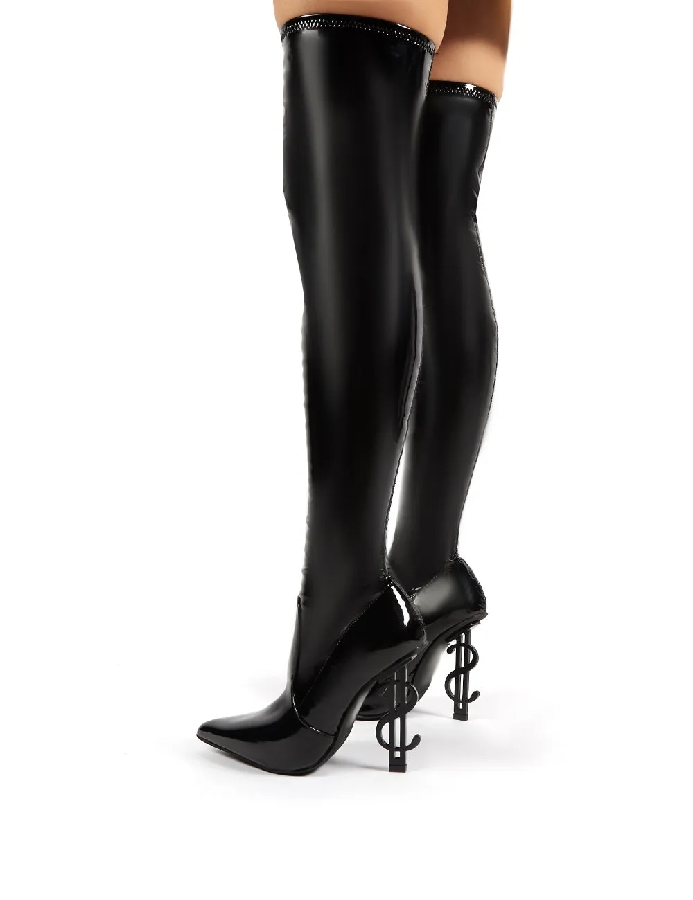 Millionaire Black Vinyl Statement Heel Over the Knee Boots