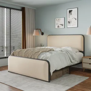 Modern Metal Bed Frame with Curved Upholstered Headboard and Footboard Bed with Under Bed Storage, Heavy Duty Metal Slats, Full Size, Beige