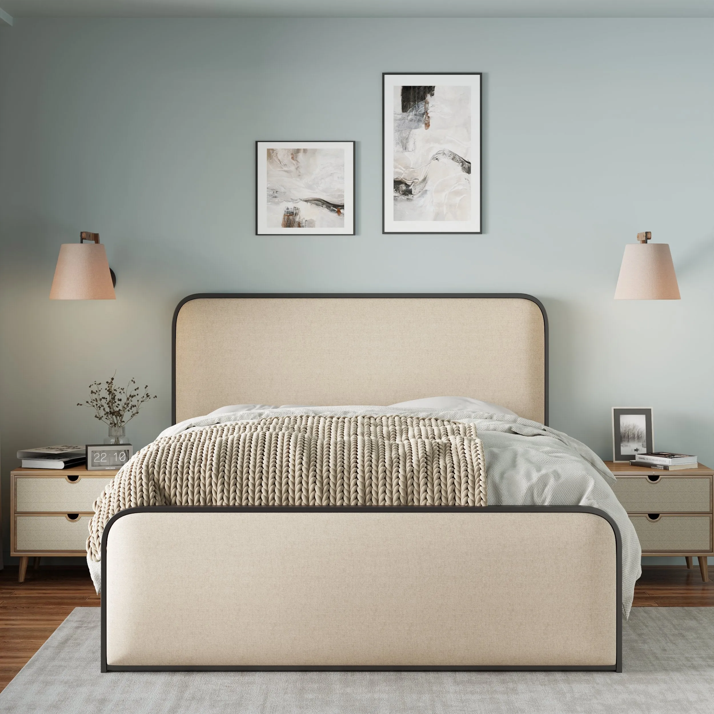 Modern Metal Bed Frame with Curved Upholstered Headboard and Footboard Bed with Under Bed Storage, Heavy Duty Metal Slats, Full Size, Beige