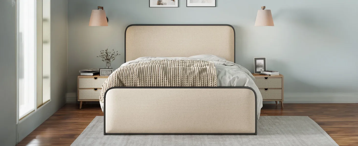 Modern Metal Bed Frame with Curved Upholstered Headboard and Footboard Bed with Under Bed Storage, Heavy Duty Metal Slats, Full Size, Beige