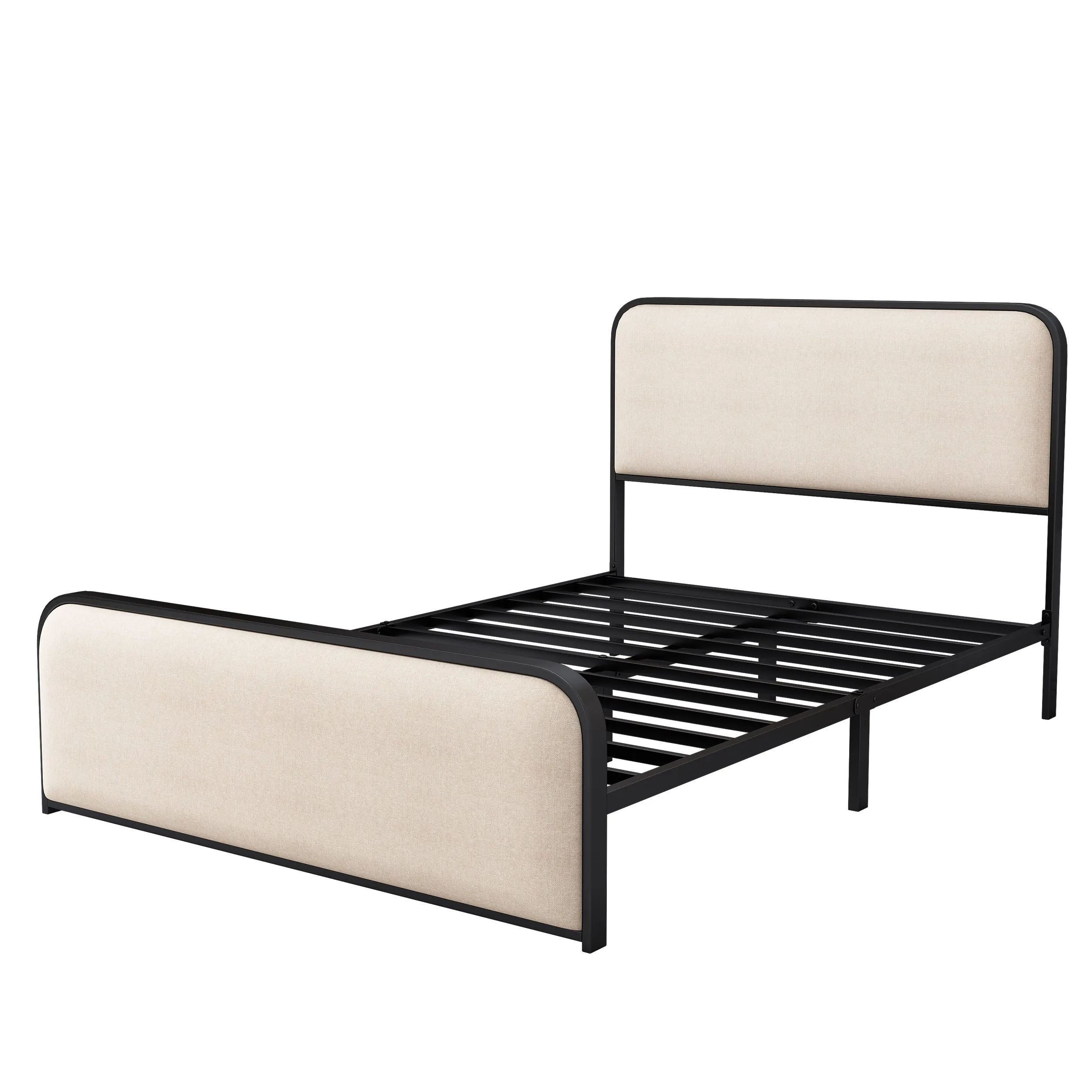 Modern Metal Bed Frame with Curved Upholstered Headboard and Footboard Bed with Under Bed Storage, Heavy Duty Metal Slats, Full Size, Beige