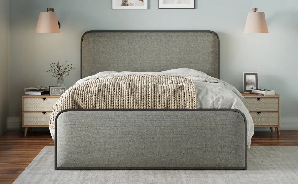 Modern Metal Bed Frame with Curved Upholstered Headboard and Footboard Bed with Under Bed Storage, Heavy Duty Metal Slats, King Size, Grey