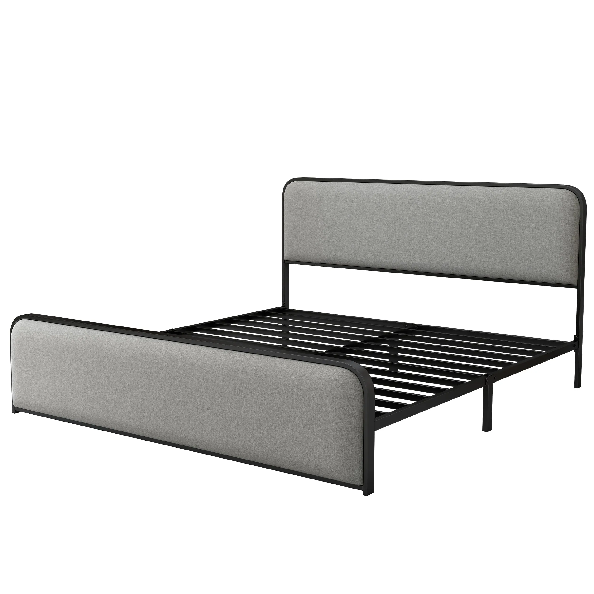 Modern Metal Bed Frame with Curved Upholstered Headboard and Footboard Bed with Under Bed Storage, Heavy Duty Metal Slats, King Size, Grey