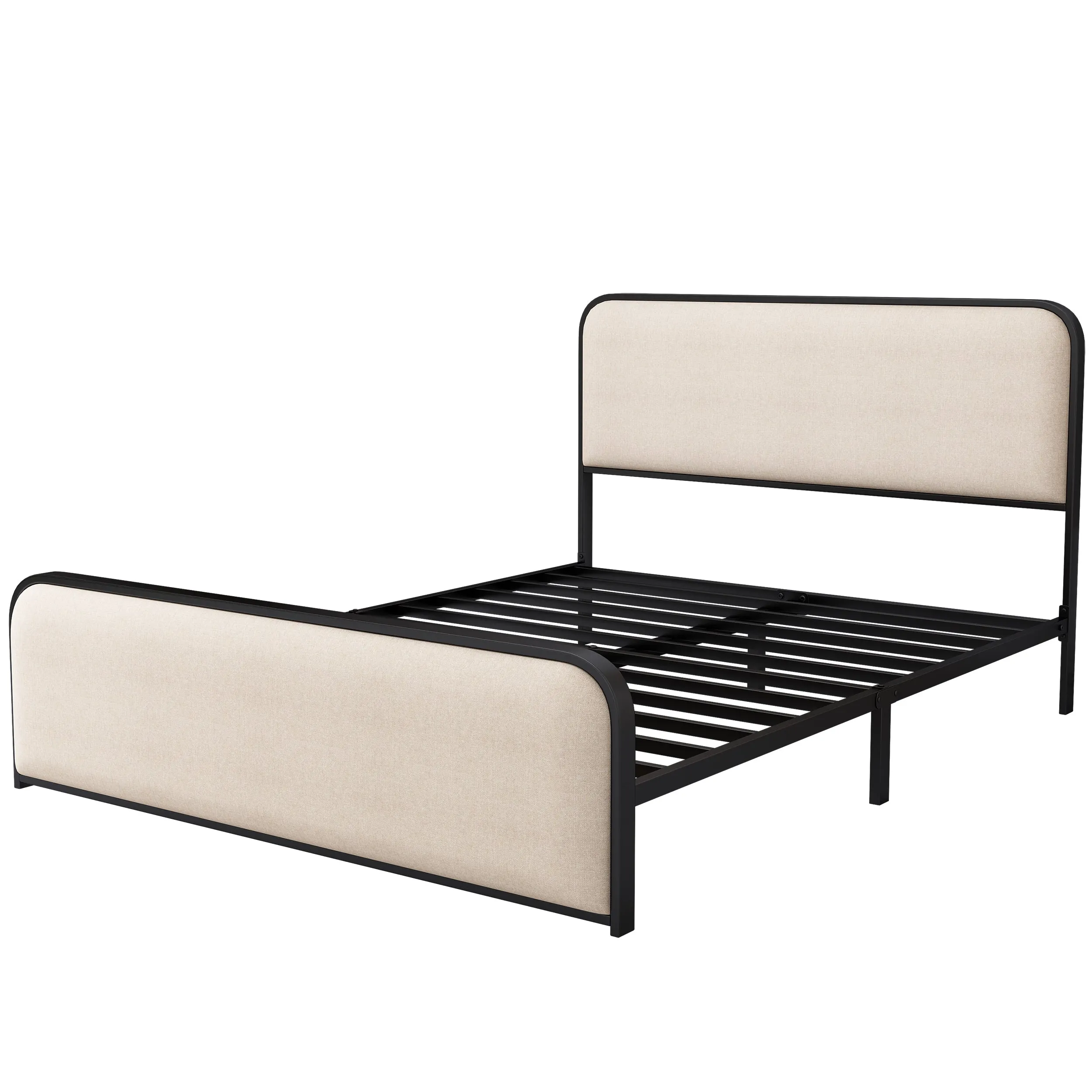 Modern Metal Bed Frame with Curved Upholstered Headboard and Footboard Bed with Under Bed Storage, Heavy Duty Metal Slats, Queen Size, Beige