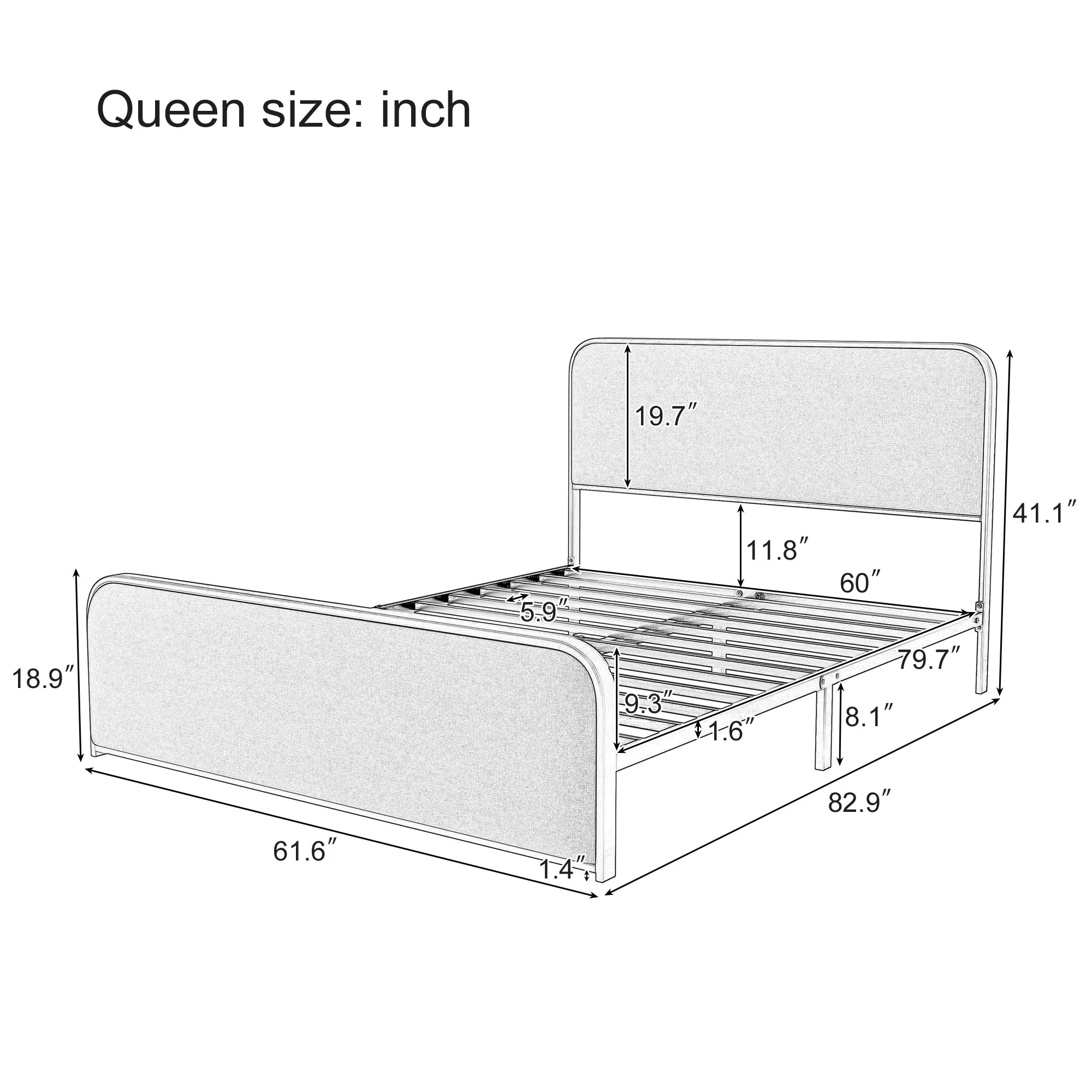 Modern Metal Bed Frame with Curved Upholstered Headboard and Footboard Bed with Under Bed Storage, Heavy Duty Metal Slats, Queen Size, Beige