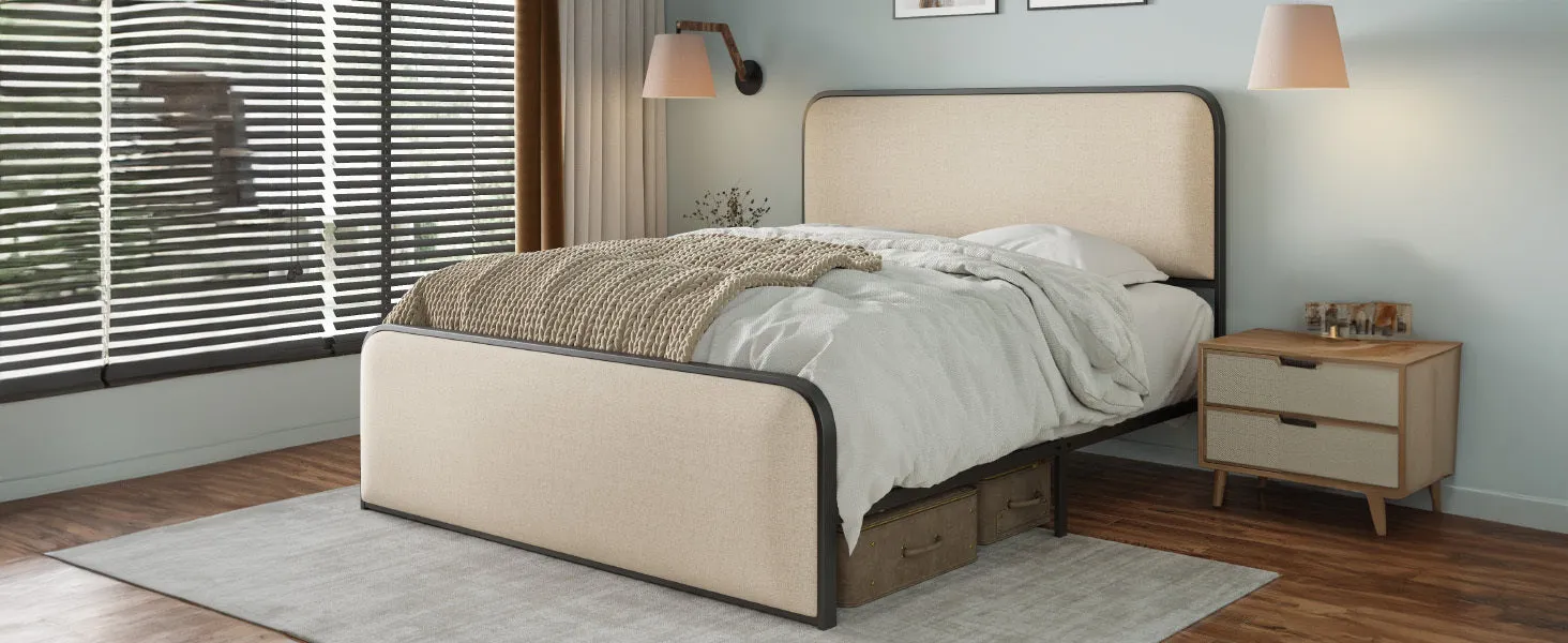 Modern Metal Bed Frame with Curved Upholstered Headboard and Footboard Bed with Under Bed Storage, Heavy Duty Metal Slats, Queen Size, Beige