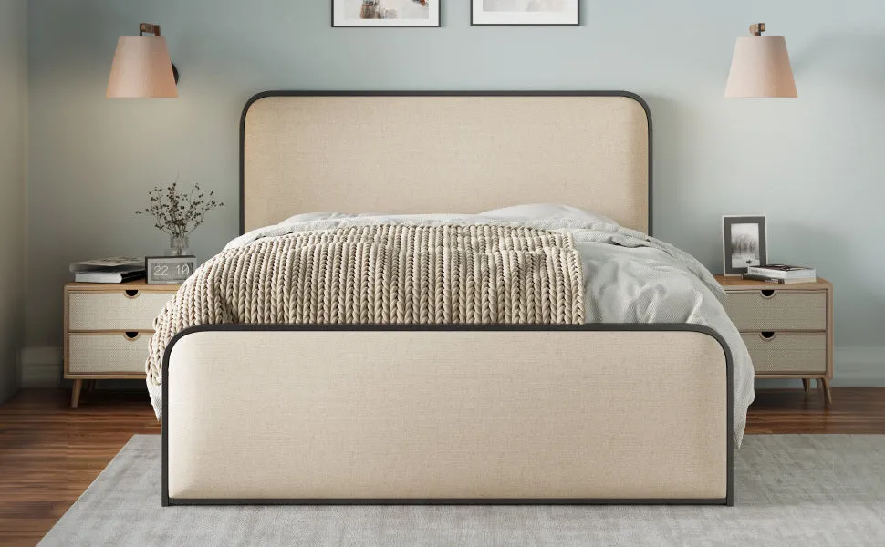 Modern Metal Bed Frame with Curved Upholstered Headboard and Footboard Bed with Under Bed Storage, Heavy Duty Metal Slats, Queen Size, Beige