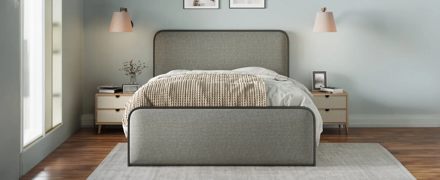 Modern Metal Bed Frame with Curved Upholstered Headboard and Footboard Bed with Under Bed Storage, Heavy Duty Metal Slats, Queen Size, Grey