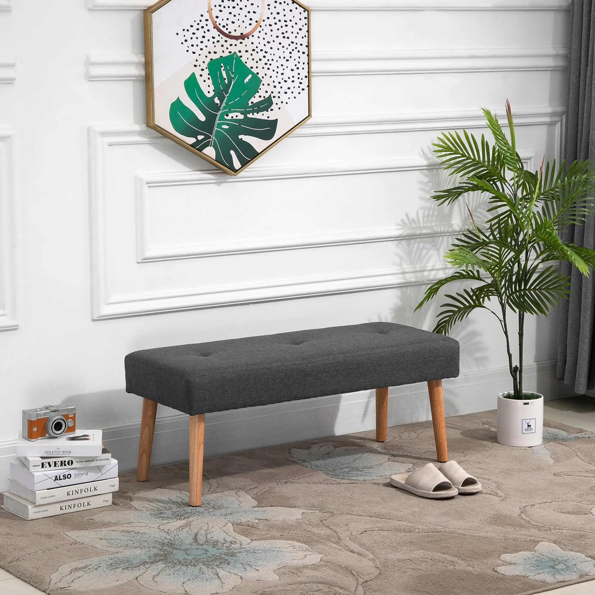 Multifunctional Shoe Bench Tufted Upholstered Ottoman Footstool Linen Fabric for Entryway Living Room Grey Multipurpose Bedroom