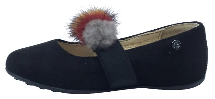 Naturino Girl's Faux Fur Pom Pom Slip-On Elastic Band Mary Jane Flat, Black Suede