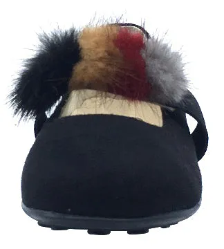 Naturino Girl's Faux Fur Pom Pom Slip-On Elastic Band Mary Jane Flat, Black Suede