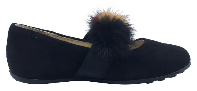 Naturino Girl's Faux Fur Pom Pom Slip-On Elastic Band Mary Jane Flat, Black Suede