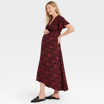 New - Short Sleeve Knit Midi Maternity Dress - Isabel Maternity by Ingrid & Isabel Black Floral XS