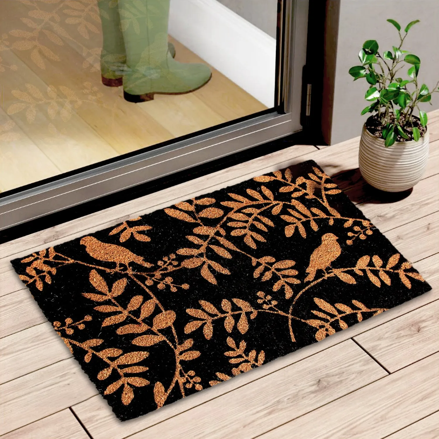 OnlyMat Bird and Leaf Printed Natural Coir Black Doormat