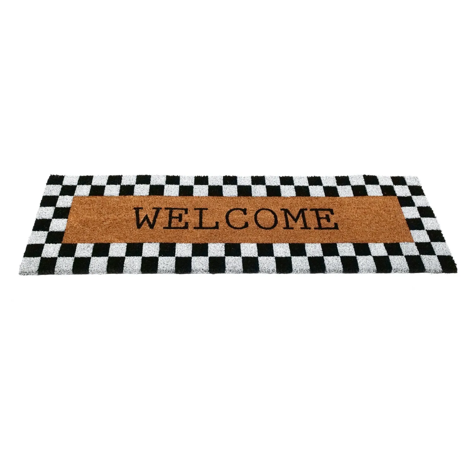 OnlyMat Plaid Border Black & White Pattern Welcome Natural Coir Doormat (120cm x 40 cm)