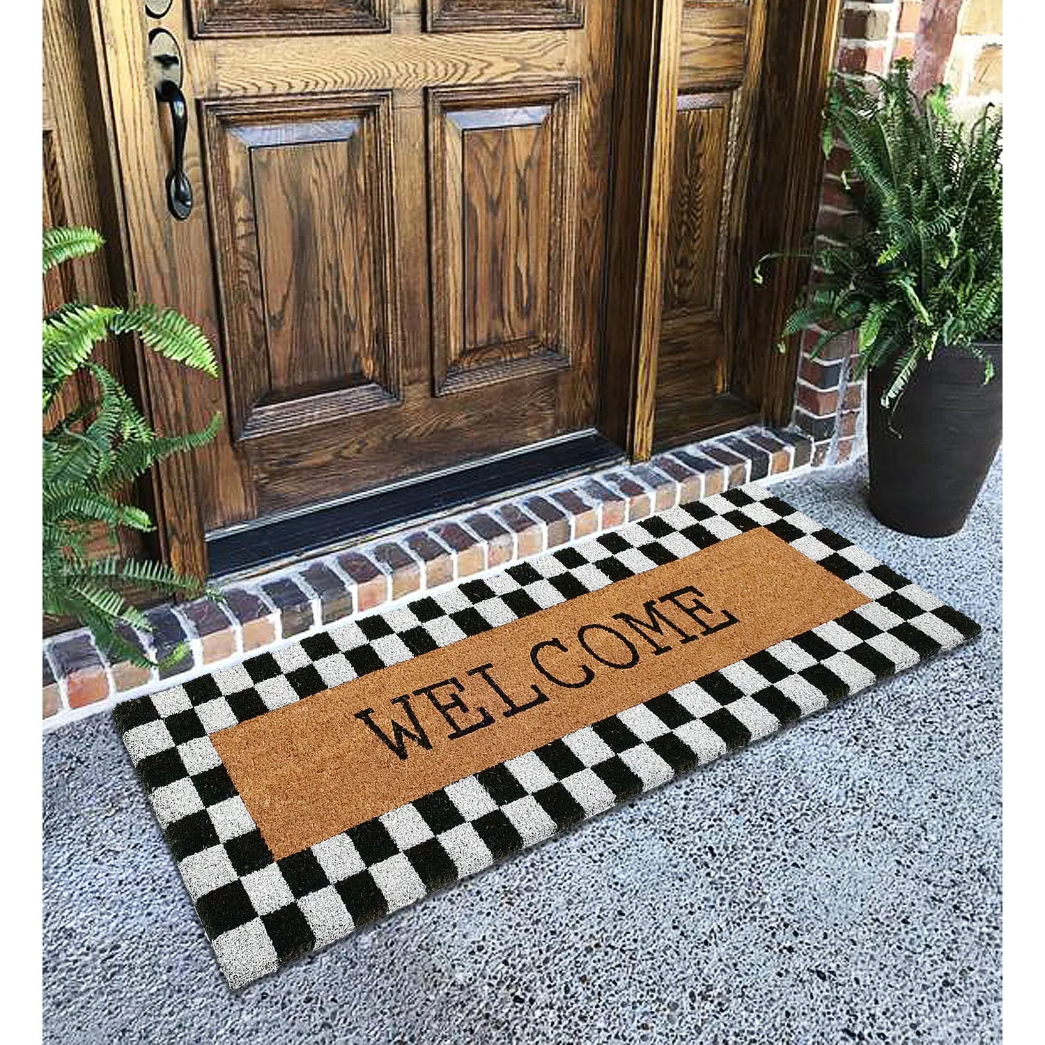 OnlyMat Plaid Border Black & White Pattern Welcome Natural Coir Doormat (120cm x 40 cm)