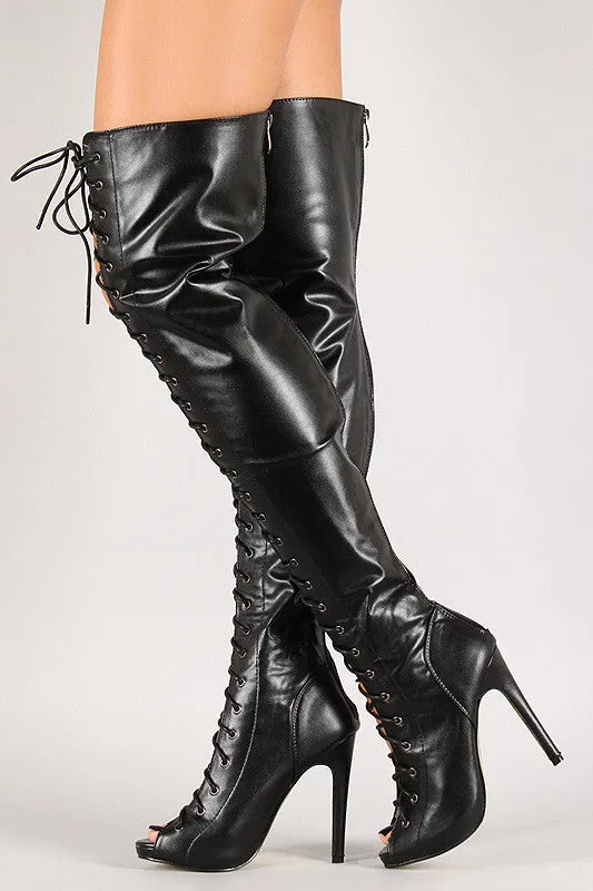 Open Toe Lace Up Thigh High Boot