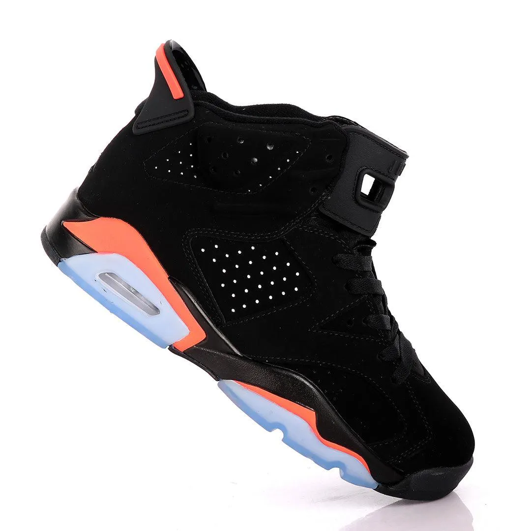 Original Air Jordan 6 Retro Black Suede Sneakers With Orange And Blue Designs