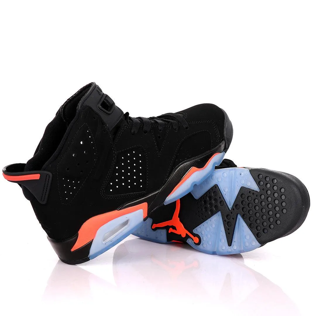 Original Air Jordan 6 Retro Black Suede Sneakers With Orange And Blue Designs