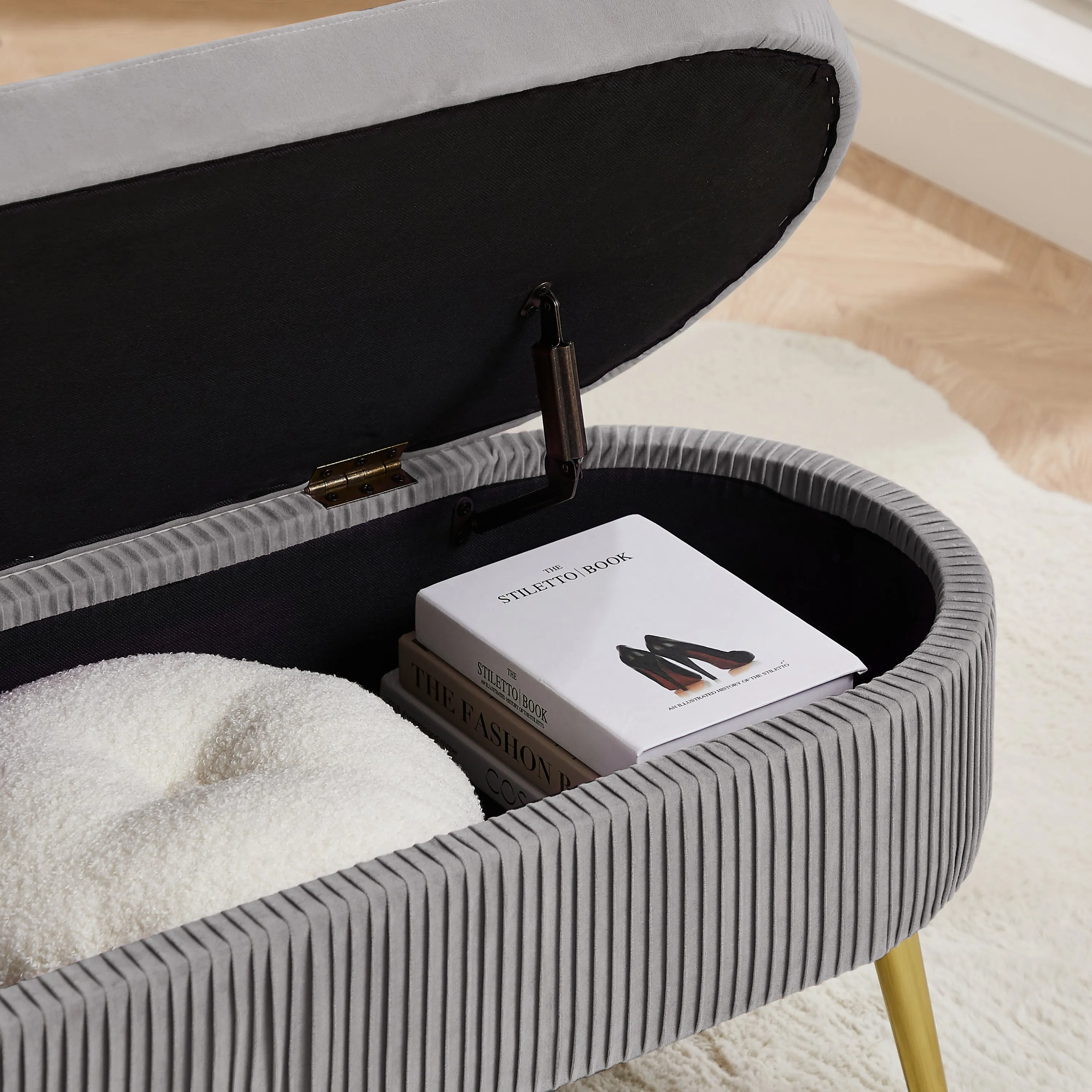 Oval Storage Bench Velvet - Gray