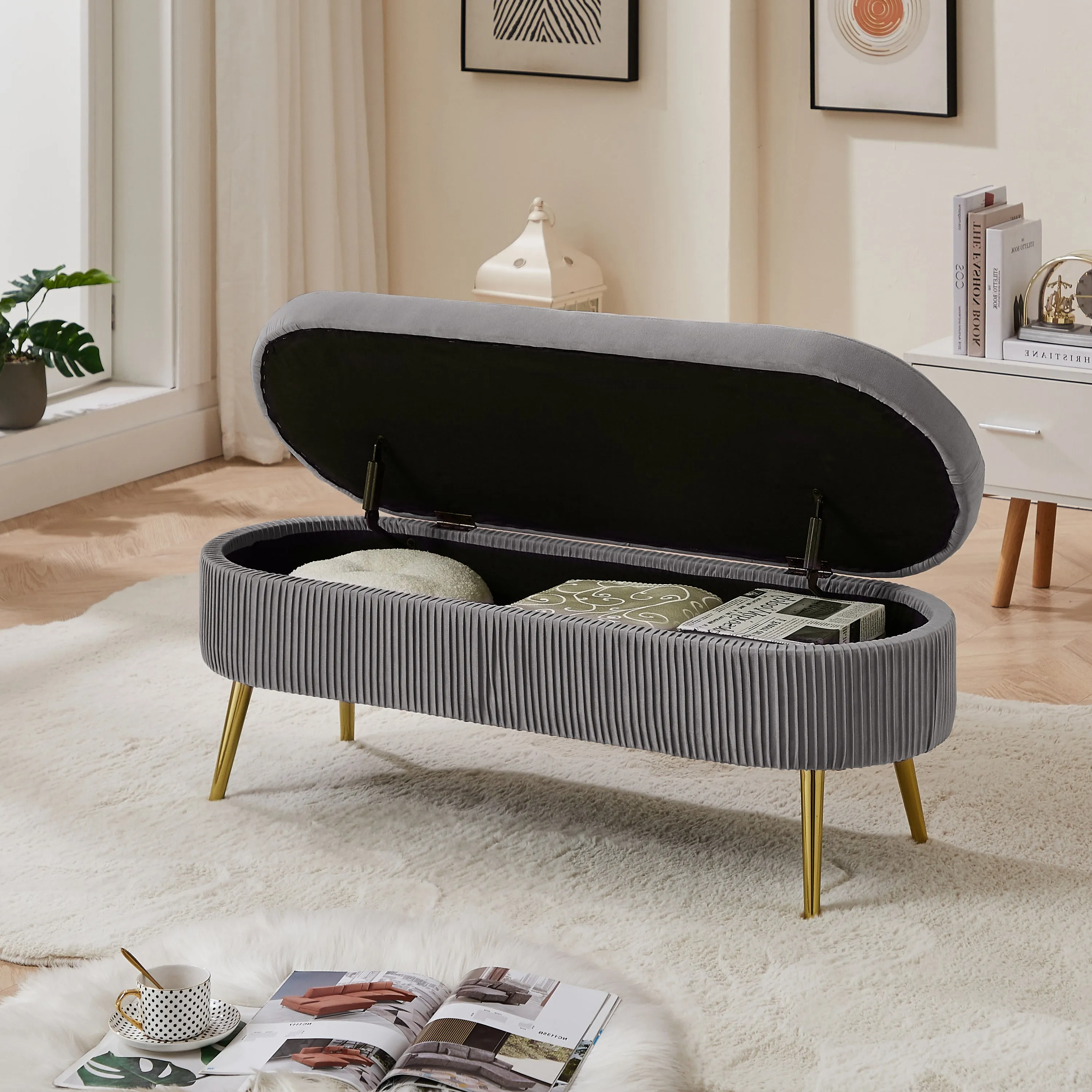 Oval Storage Bench Velvet - Gray