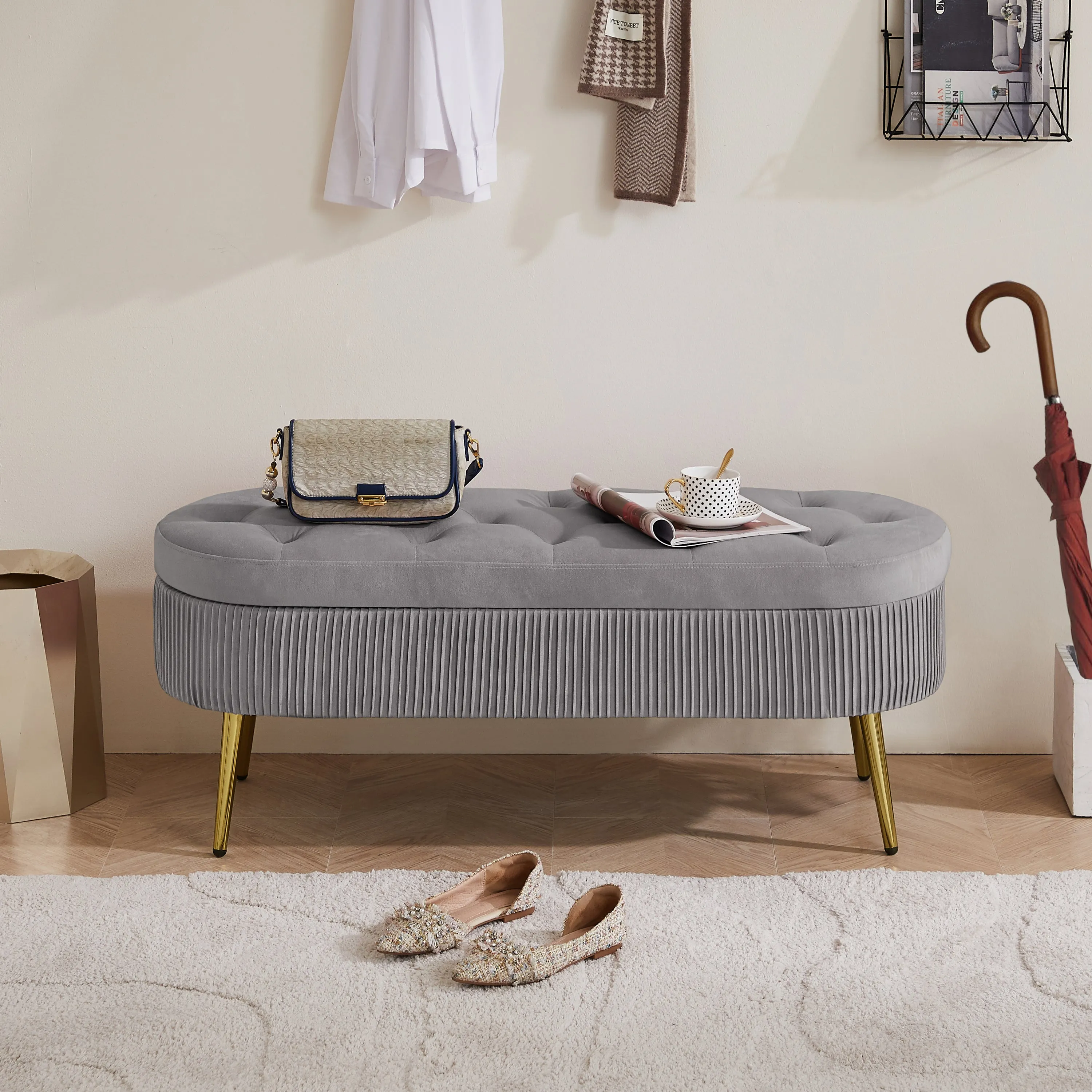 Oval Storage Bench Velvet - Gray