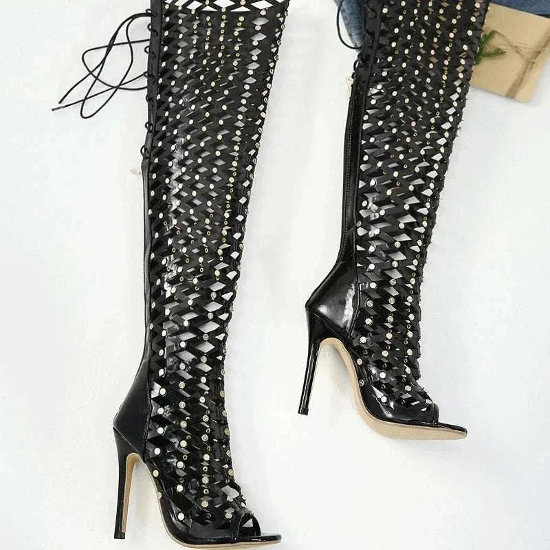 Over the Knee Boots for Women - Sexy Lace Up Heels - Fish Net boots