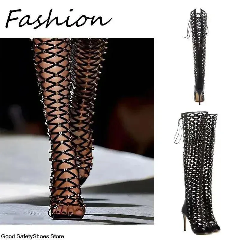 Over the Knee Boots for Women - Sexy Lace Up Heels - Fish Net boots