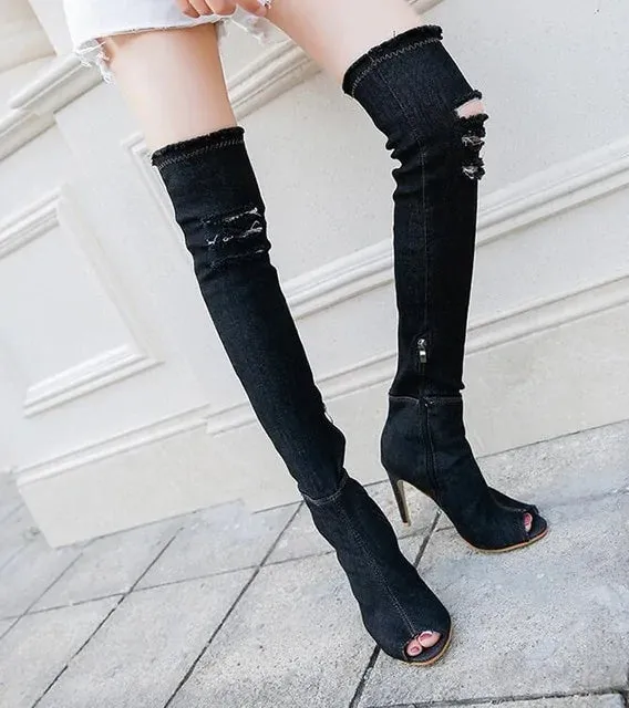 Over The Knee Denim Boots^