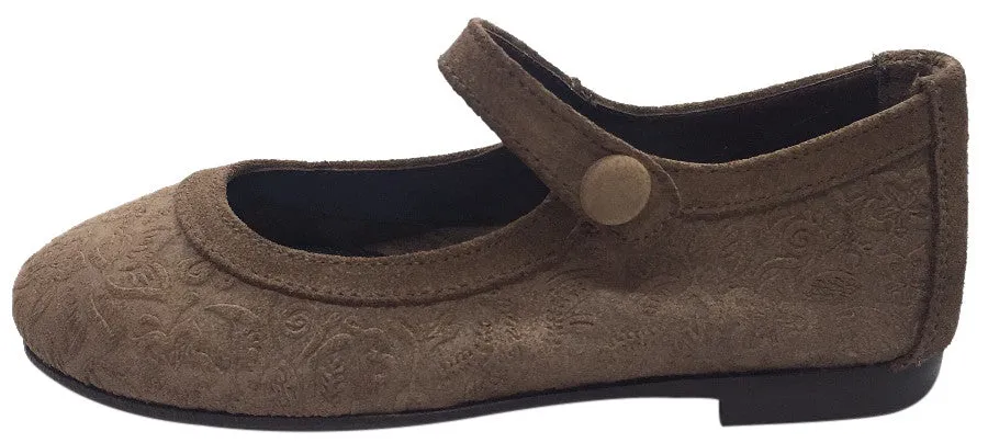 Papanatas by Eli Girl's Light Brown Suede Floral Design Mary Janes Button Flats