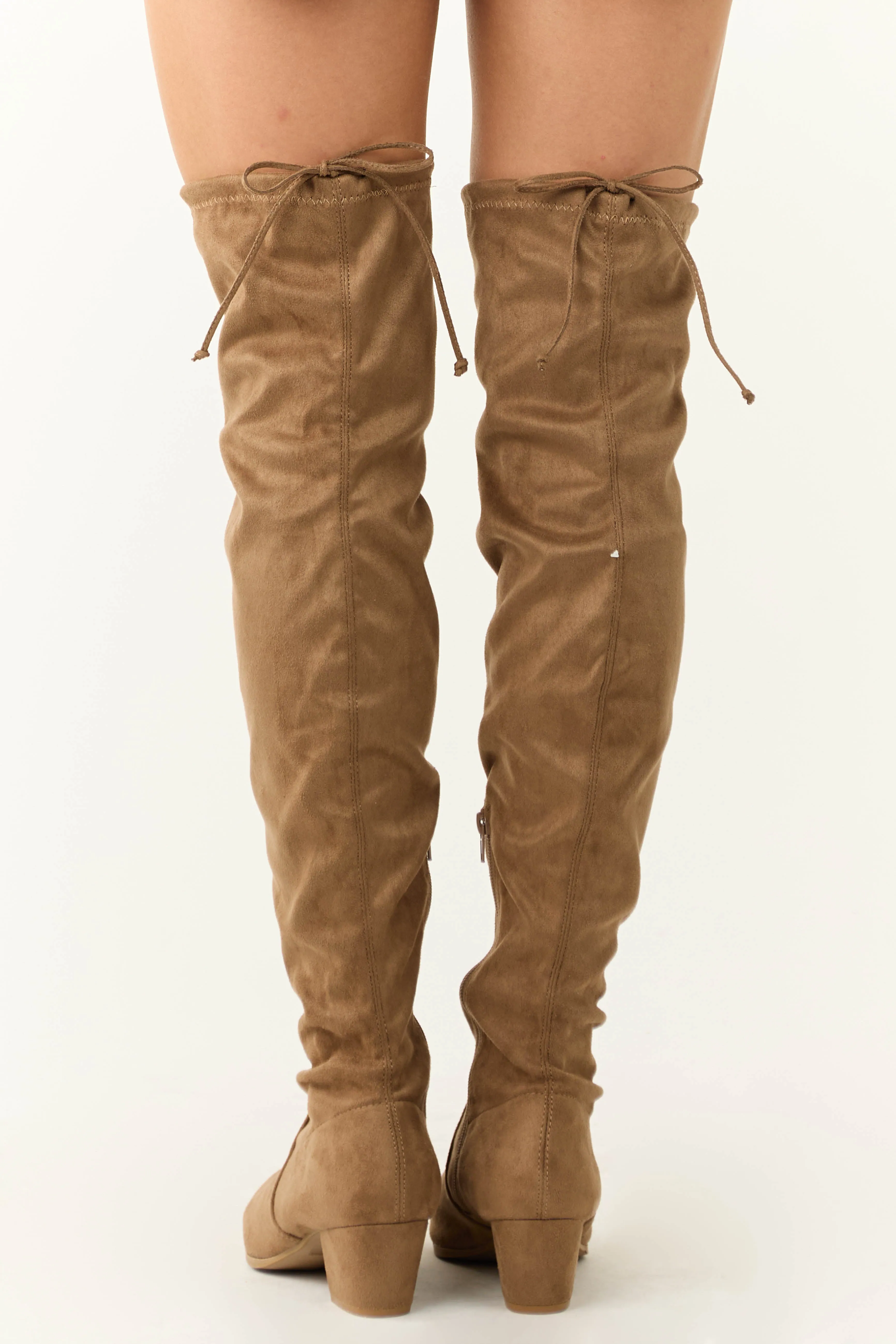 Peanut Faux Suede Drawstring Thigh High Boots