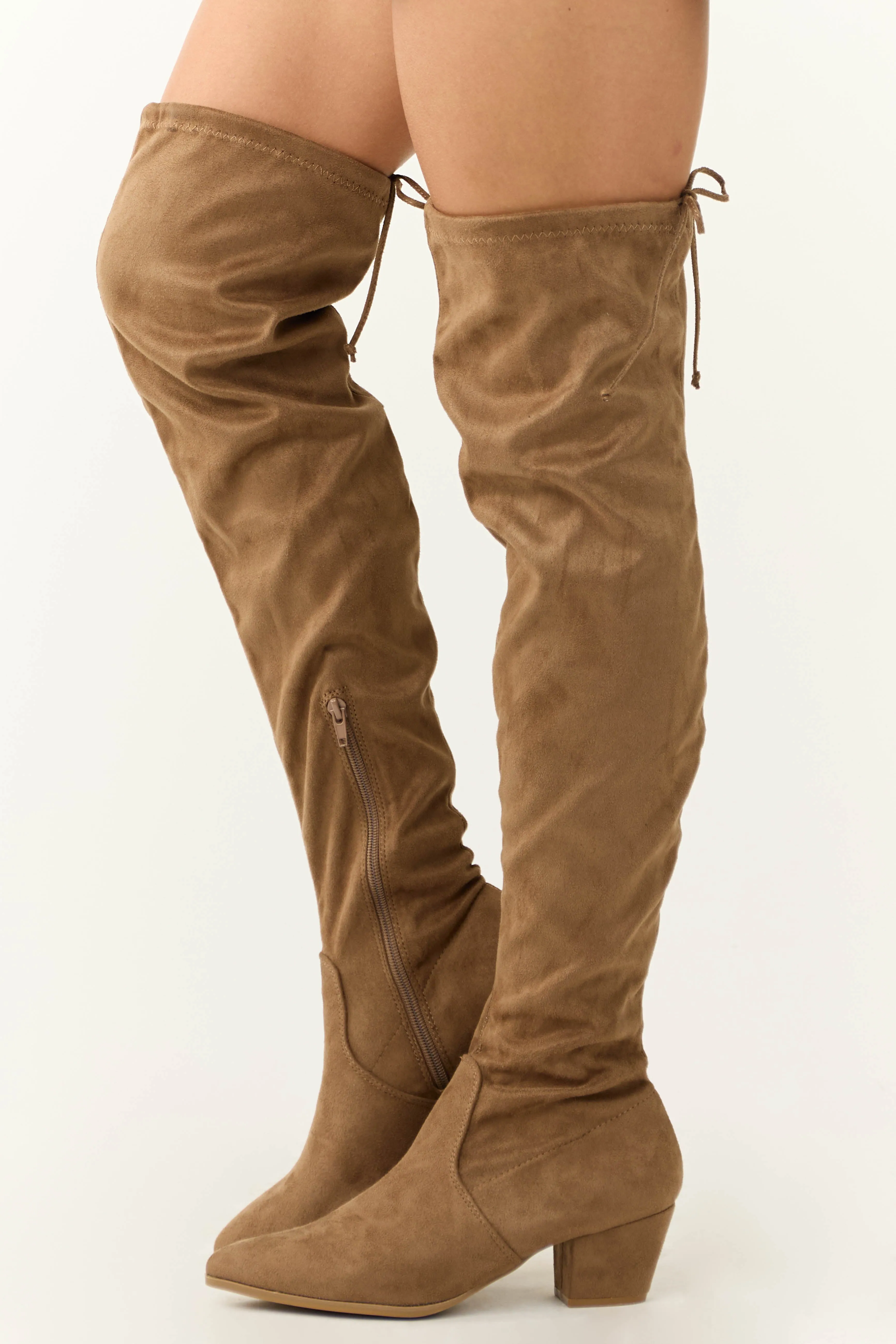 Peanut Faux Suede Drawstring Thigh High Boots