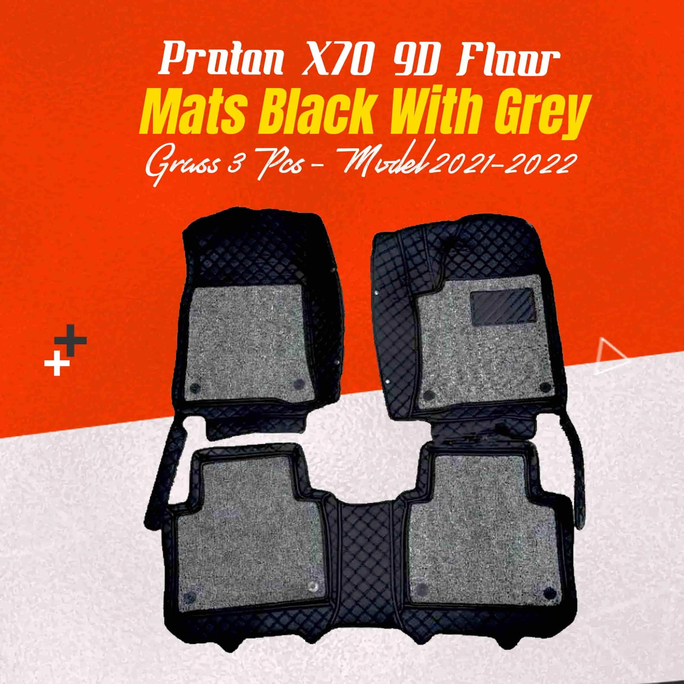 Proton X70 9D Floor Mats Mix Thread Black With Grey Grass 3 Pcs - Model 2021-2024