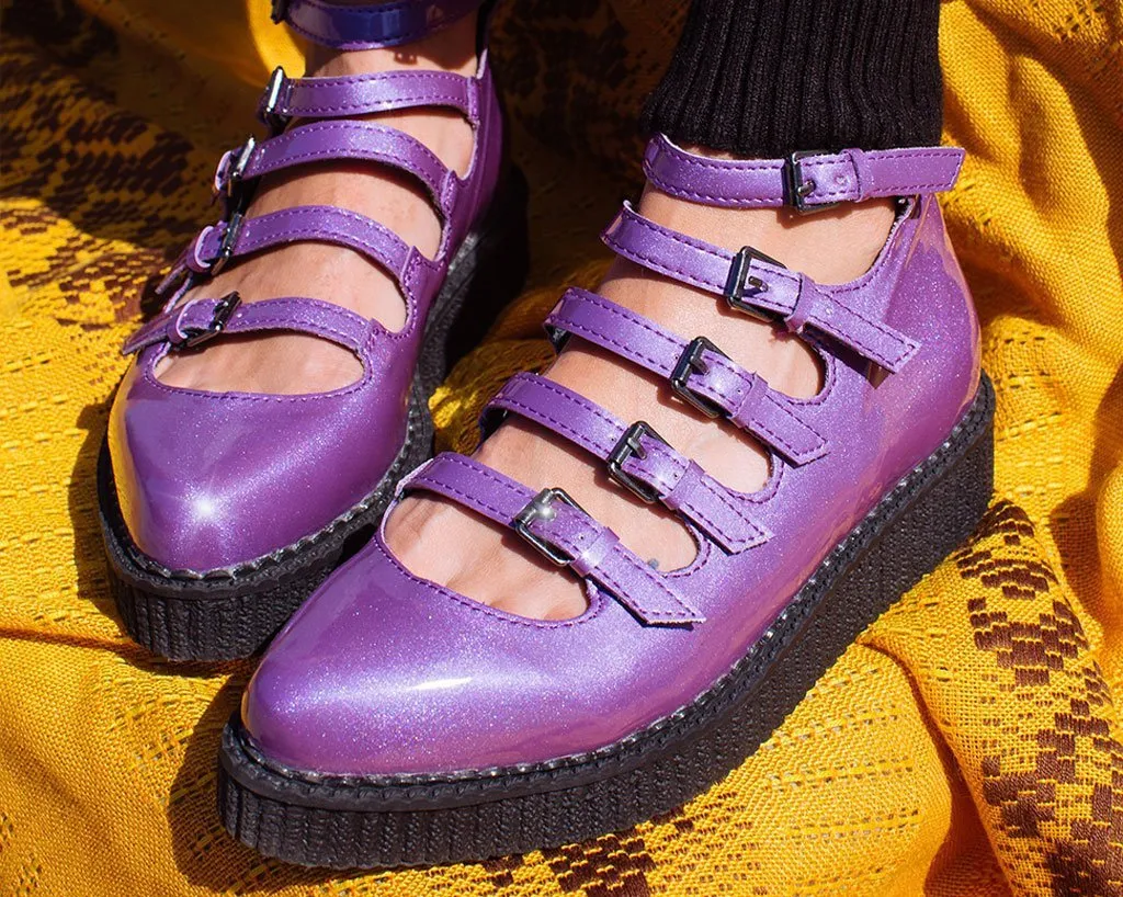 Purple Metallic Multi-Strap Pointed Mary Jane