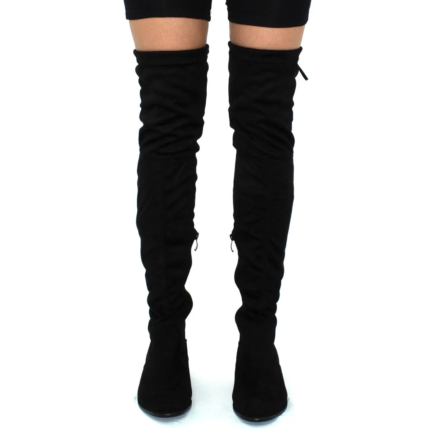 Ray - Black Faux Suede Zip Tie Up Thigh High Boots