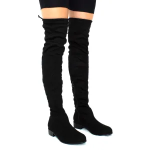 Ray - Black Faux Suede Zip Tie Up Thigh High Boots