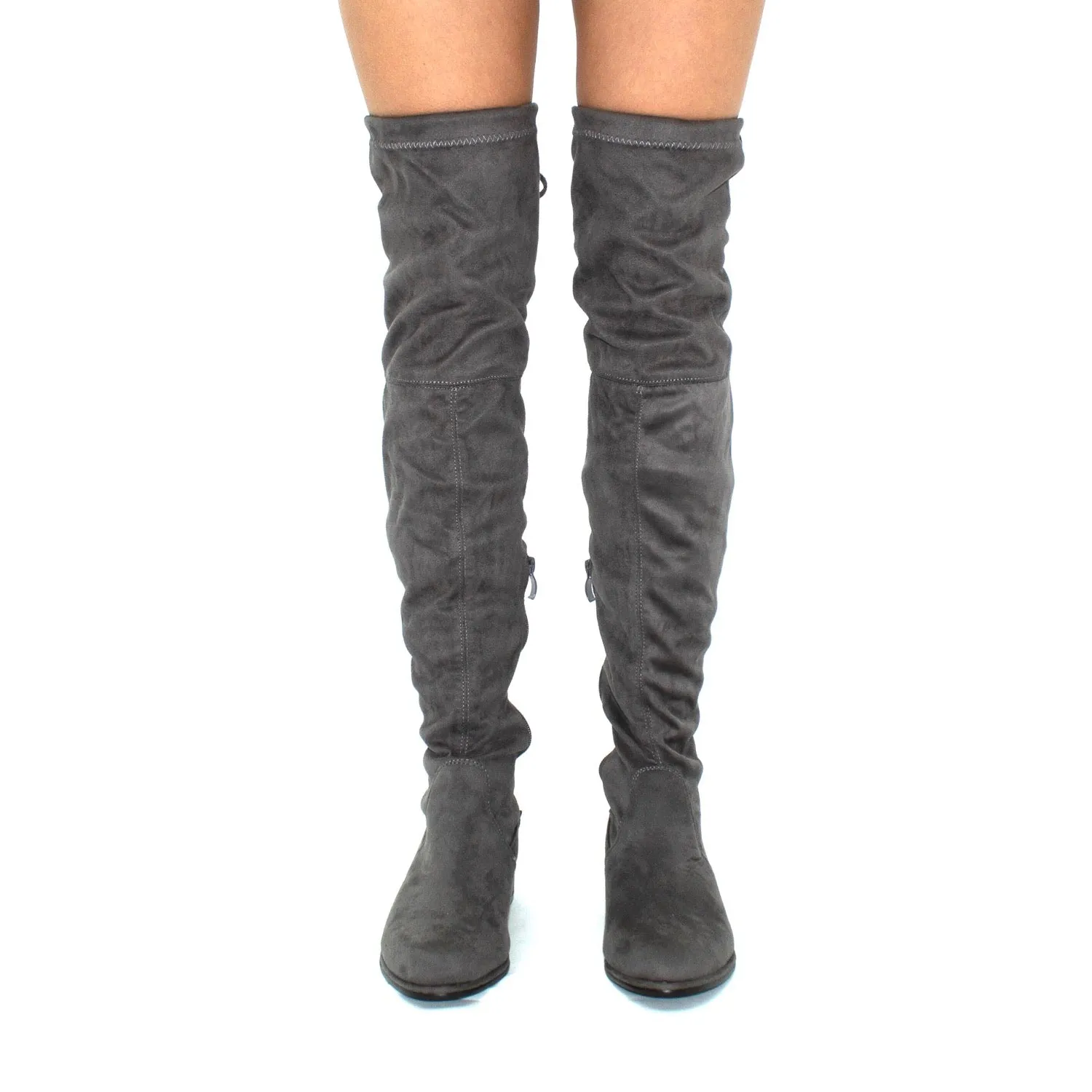 Ray - Grey Faux Suede Zip Tie Up Thigh High Boots