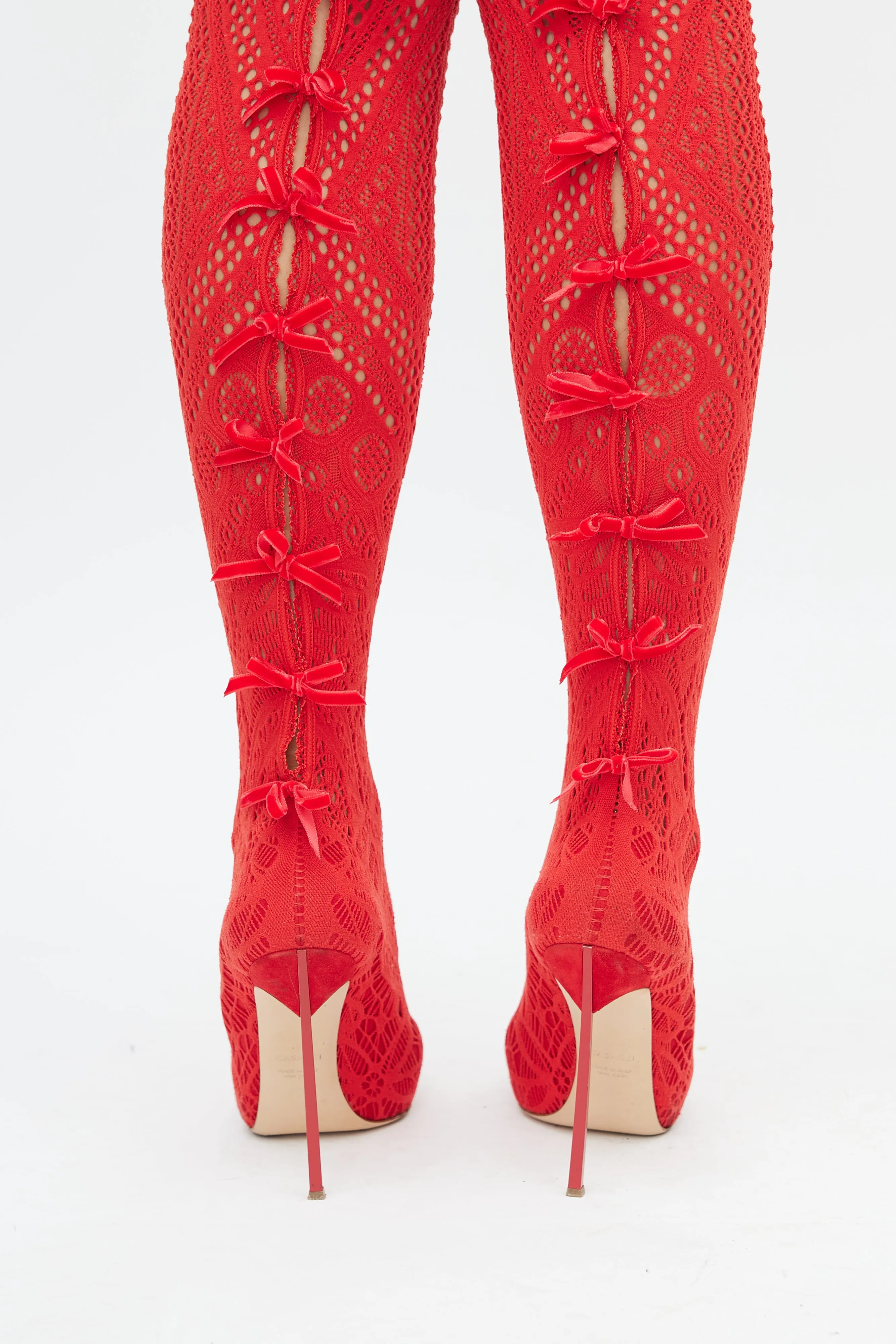 Red Stretch Knit Thigh High Boots