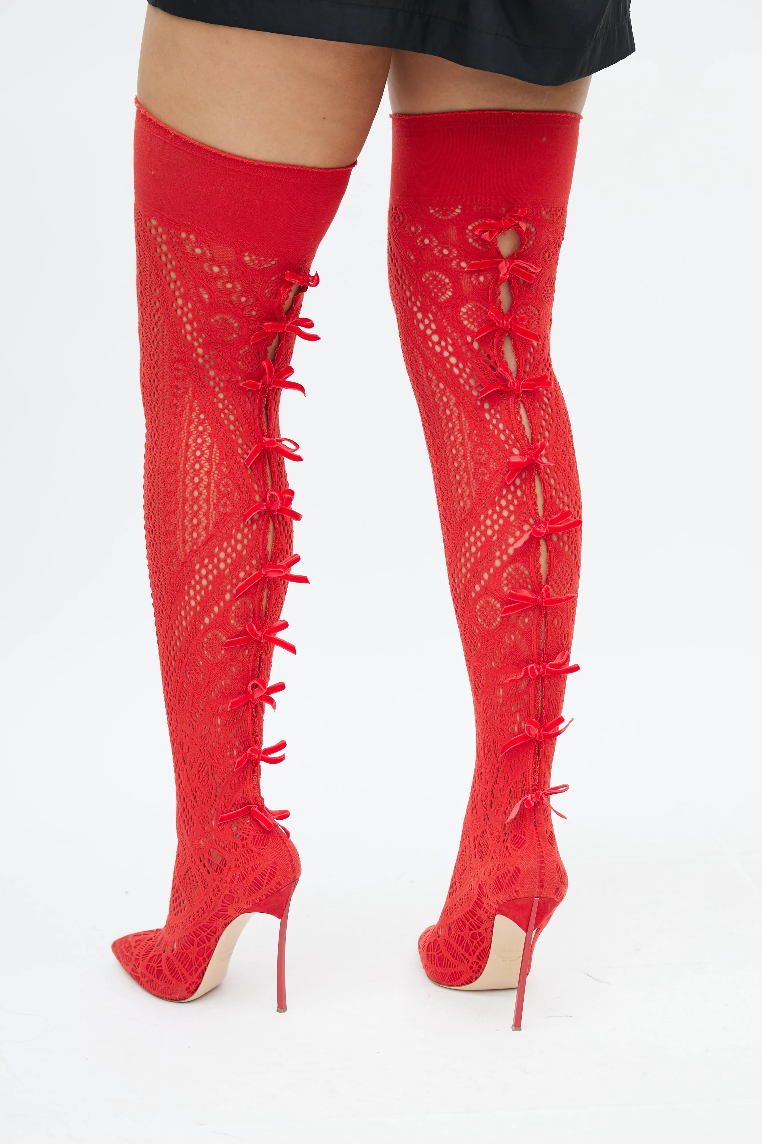 Red Stretch Knit Thigh High Boots