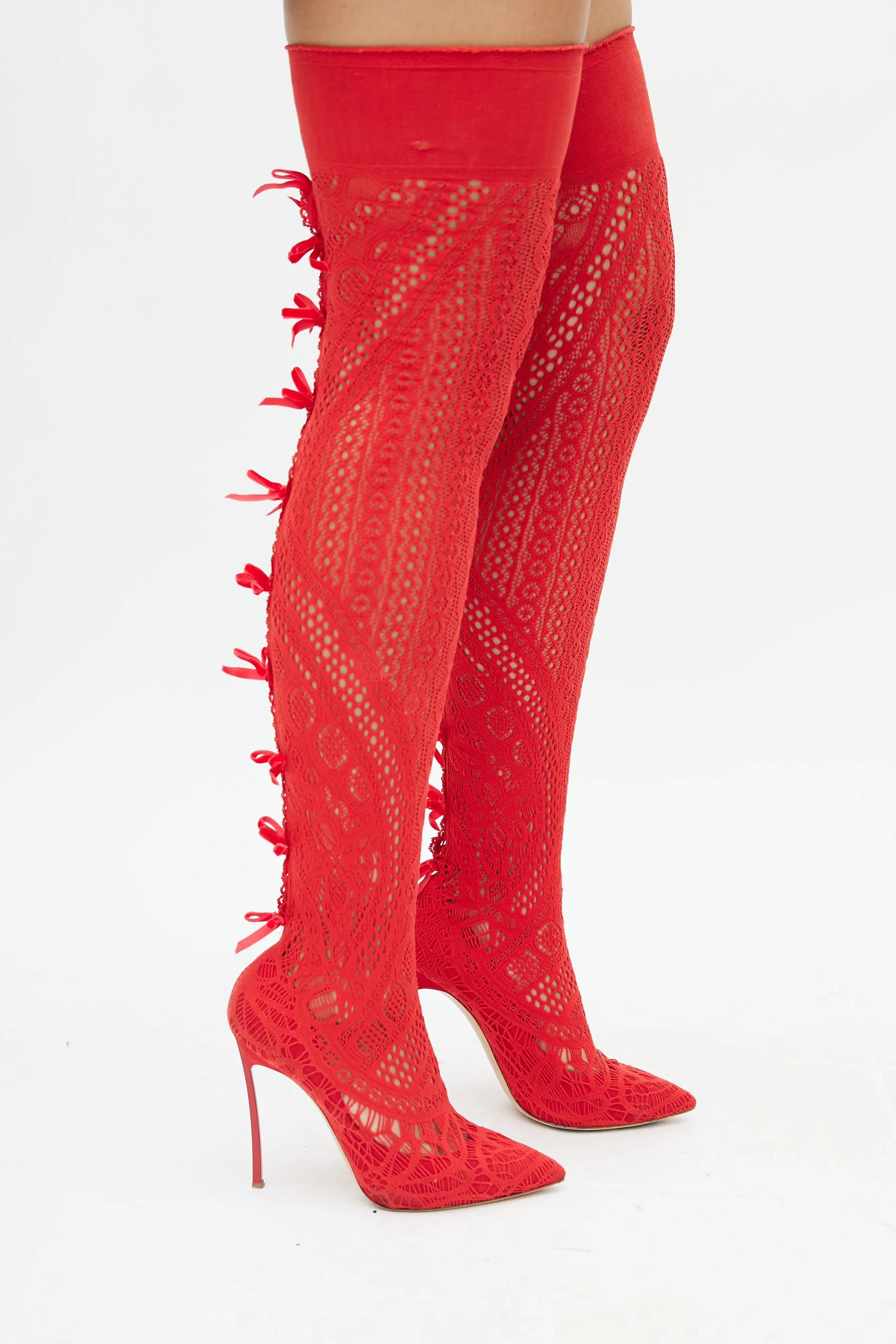 Red Stretch Knit Thigh High Boots