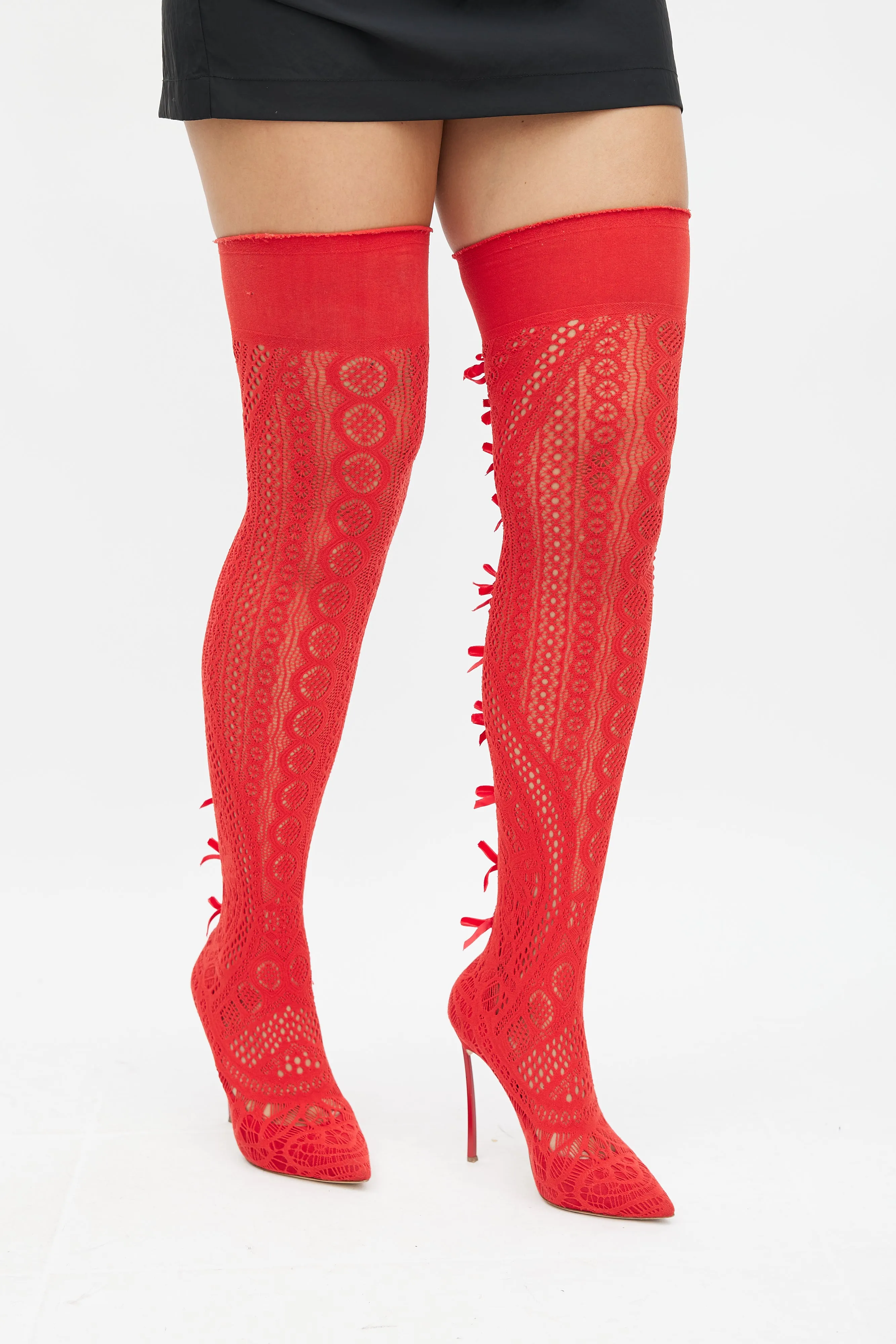 Red Stretch Knit Thigh High Boots